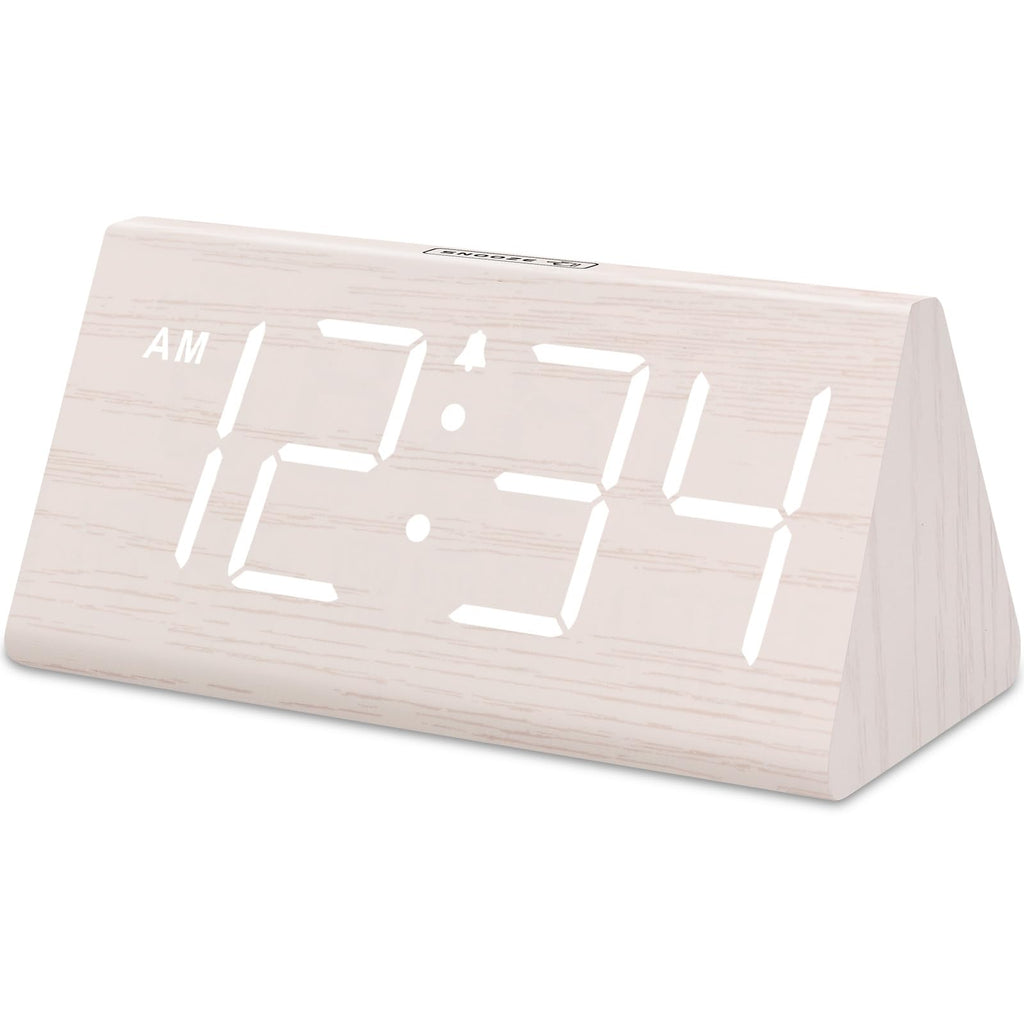 Wooden Digital Alarm Clock with Large Numbers, USB Port & Dimmer for Bedroom