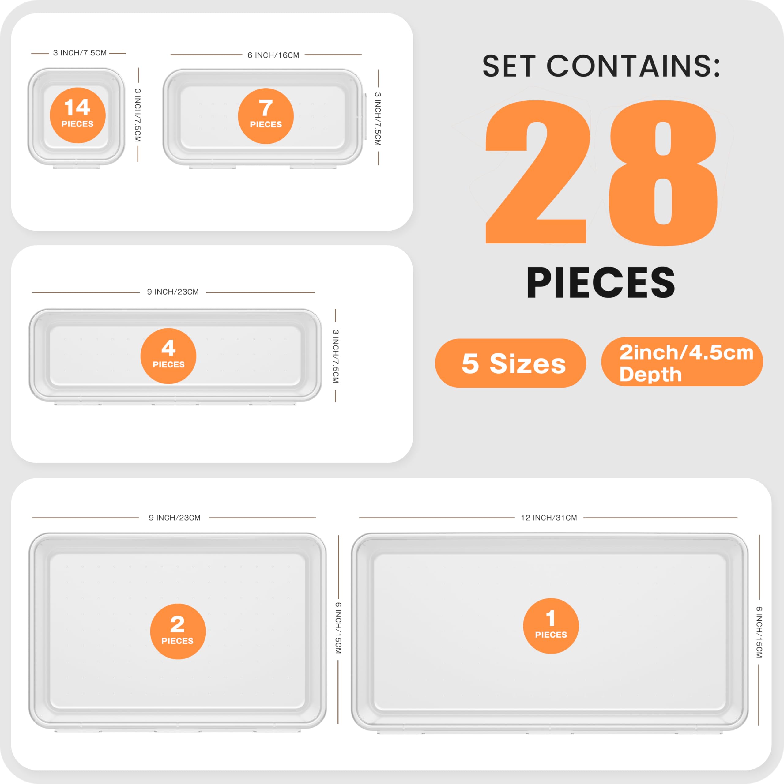 Drawer Organizer Set with 5 Sizes, Holds 177 Items for Makeup & Bathroom Storage