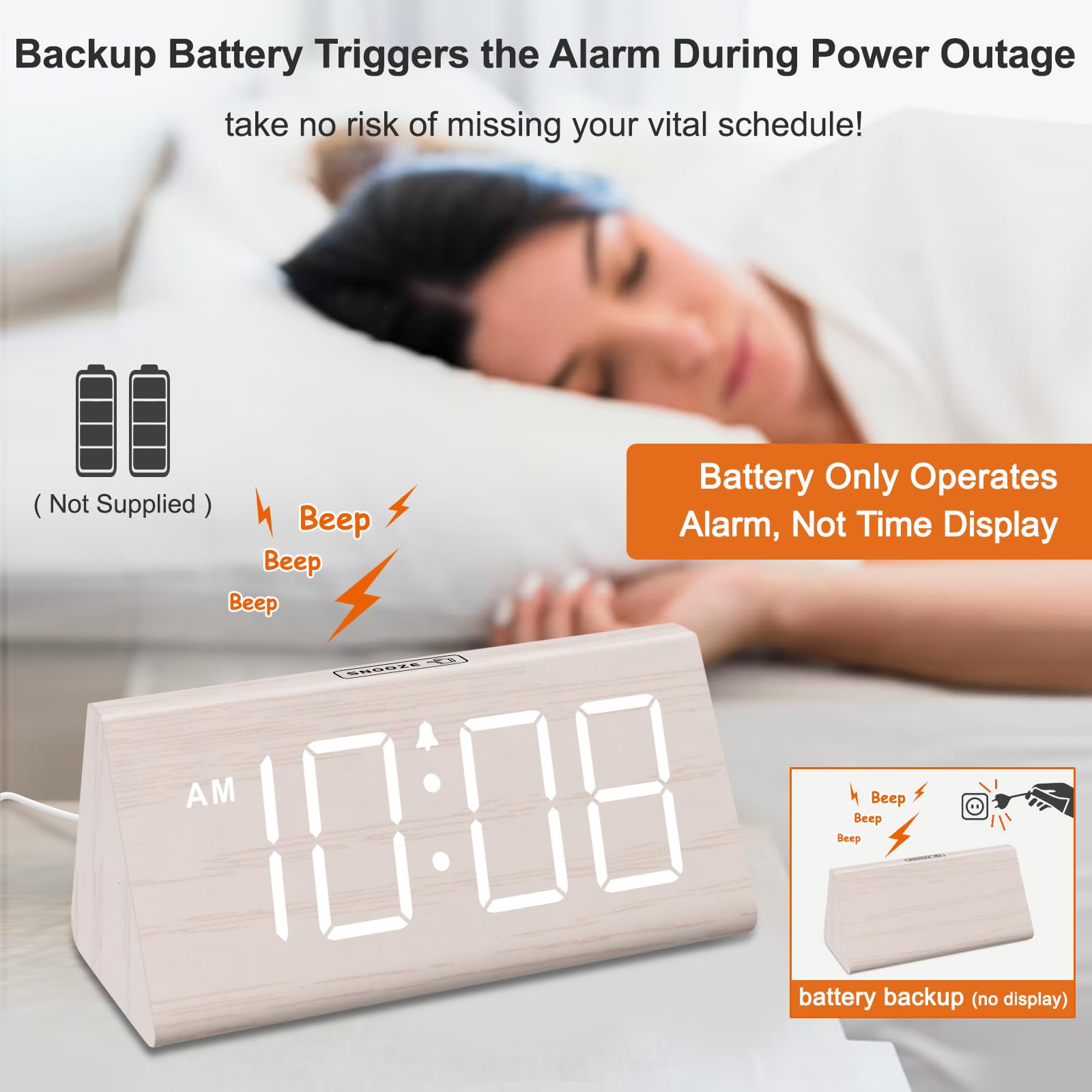 Wooden Digital Alarm Clock with Large Numbers, USB Port & Dimmer for Bedroom