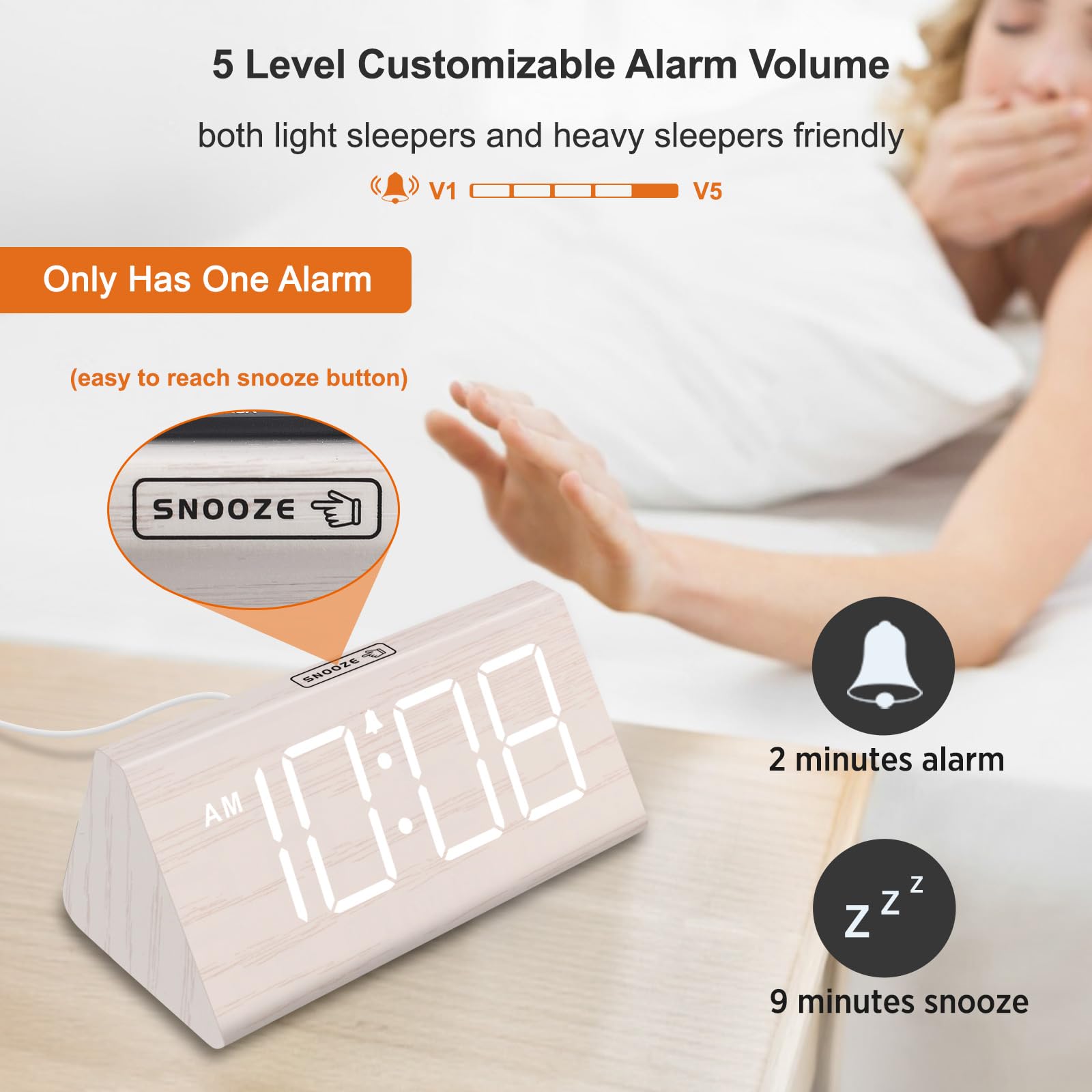 Wooden Digital Alarm Clock with Large Numbers, USB Port & Dimmer for Bedroom