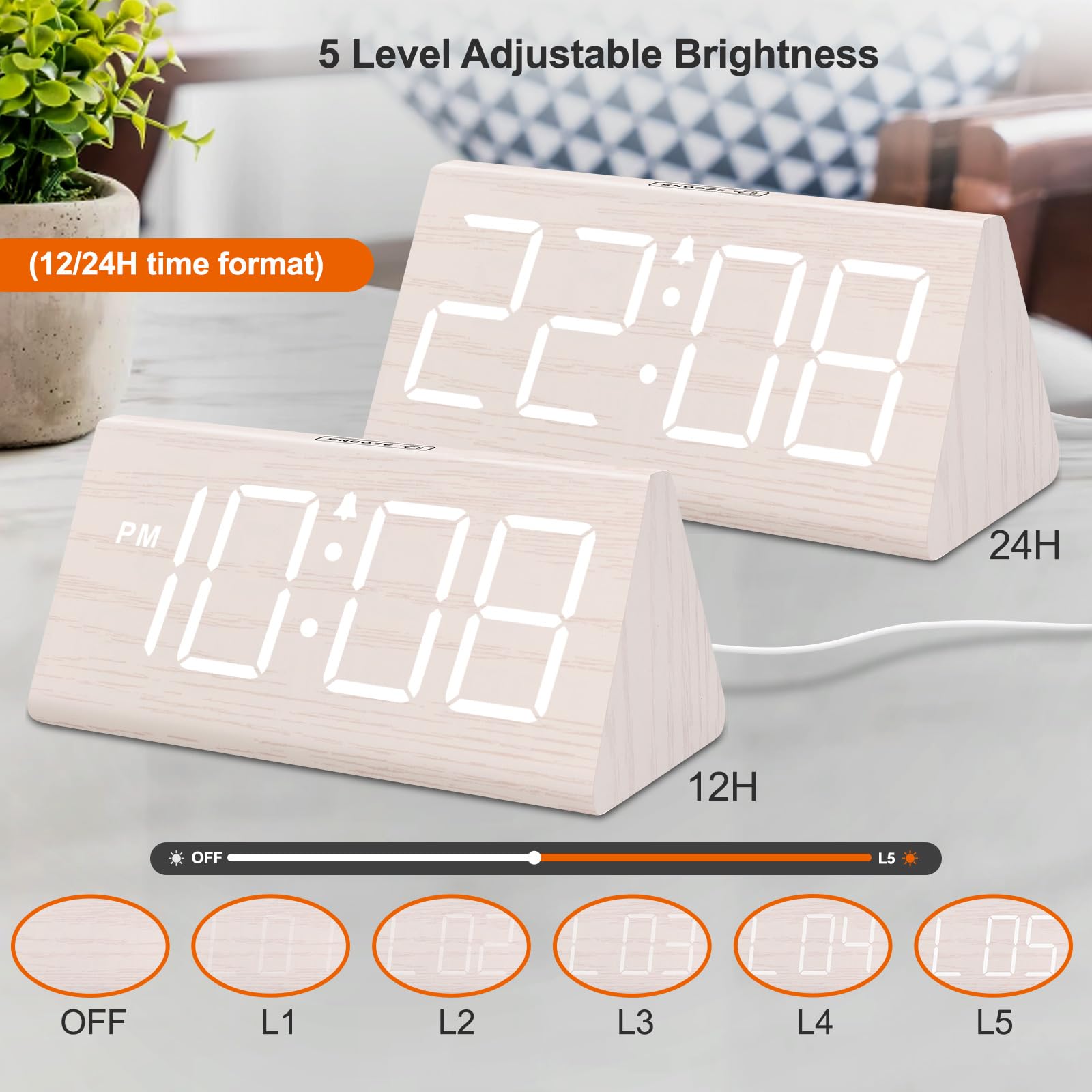 Wooden Digital Alarm Clock with Large Numbers, USB Port & Dimmer for Bedroom
