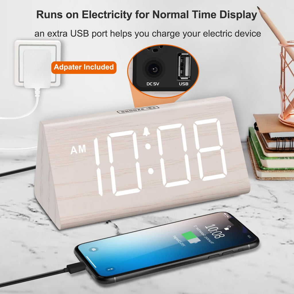 Wooden Digital Alarm Clock with Large Numbers, USB Port & Dimmer for Bedroom