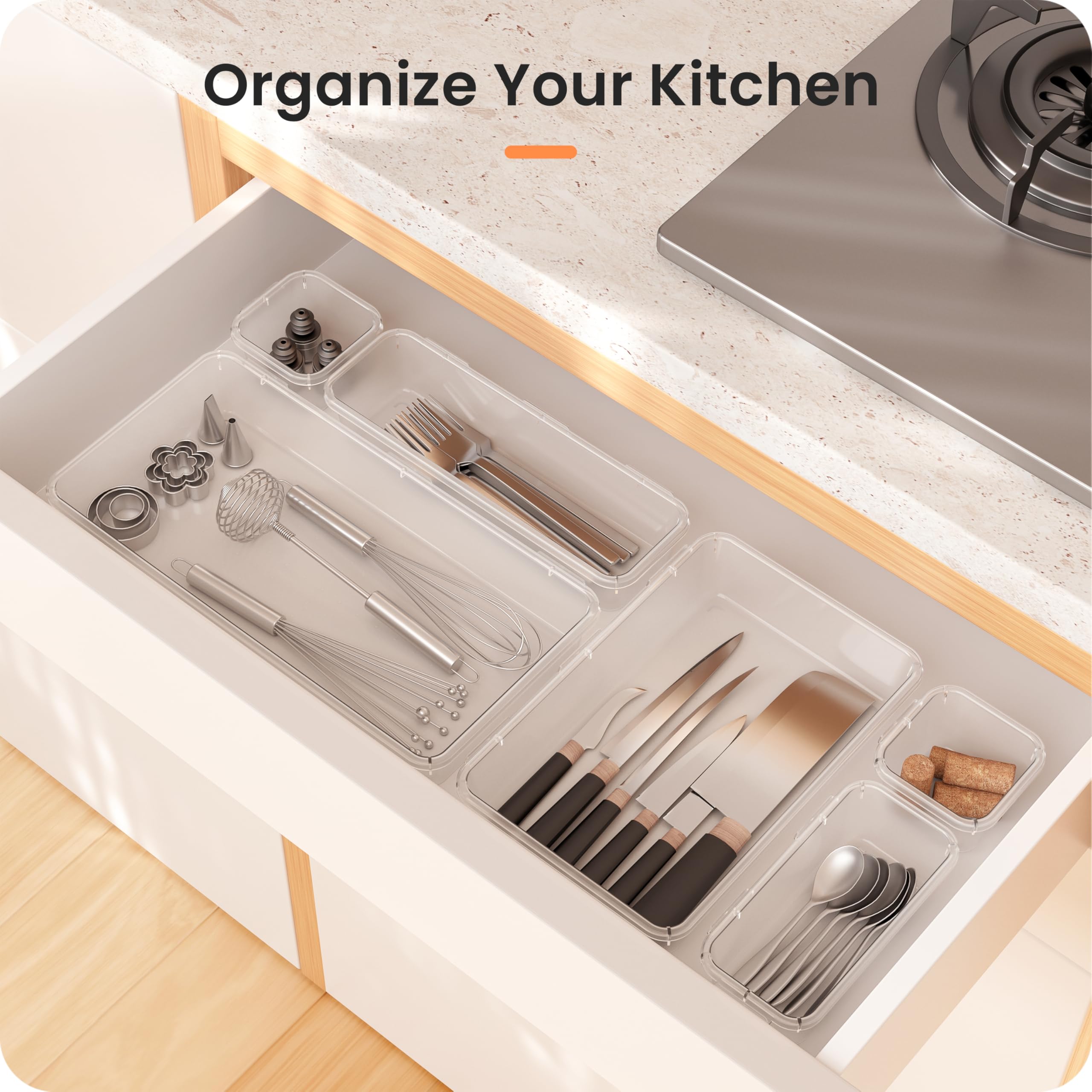 Drawer Organizer Set with 5 Sizes, Holds 177 Items for Makeup & Bathroom Storage