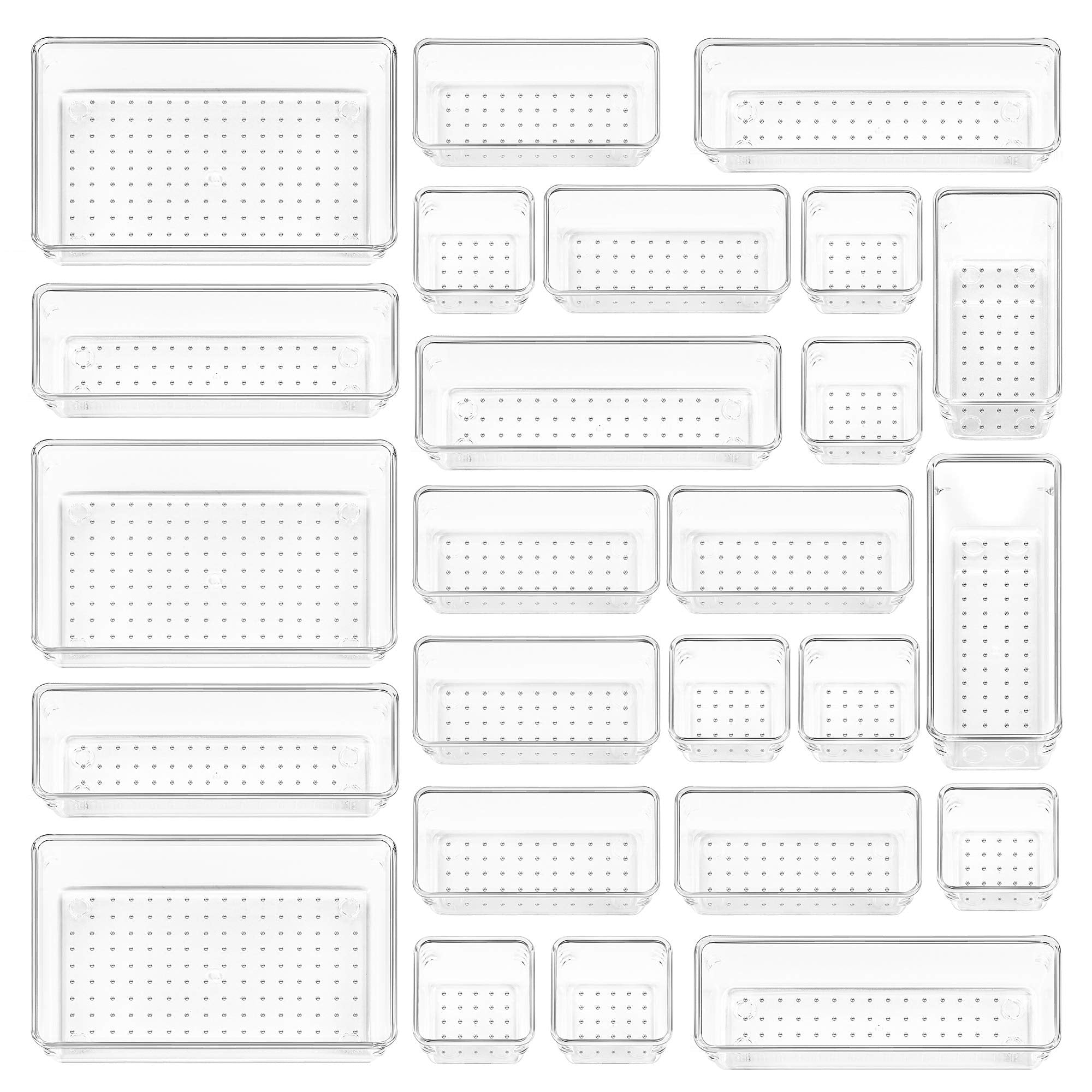 25PCS Clear Drawer Organizers Set, 4 Sizes Storage Trays for Makeup, Kitchen & Office