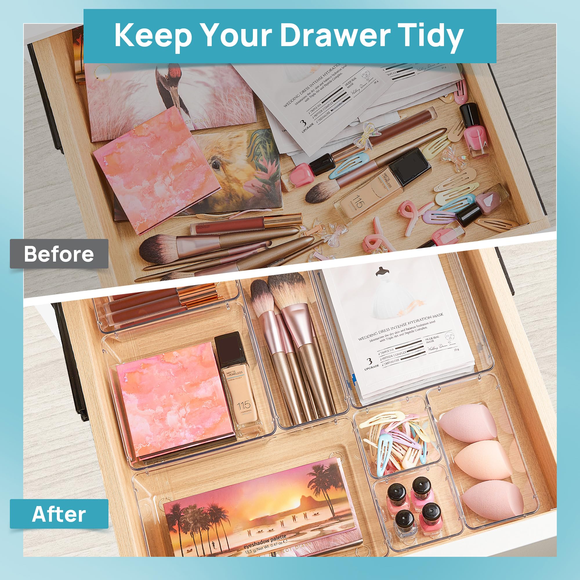 25PCS Clear Drawer Organizers Set, 4 Sizes Storage Trays for Makeup, Kitchen & Office