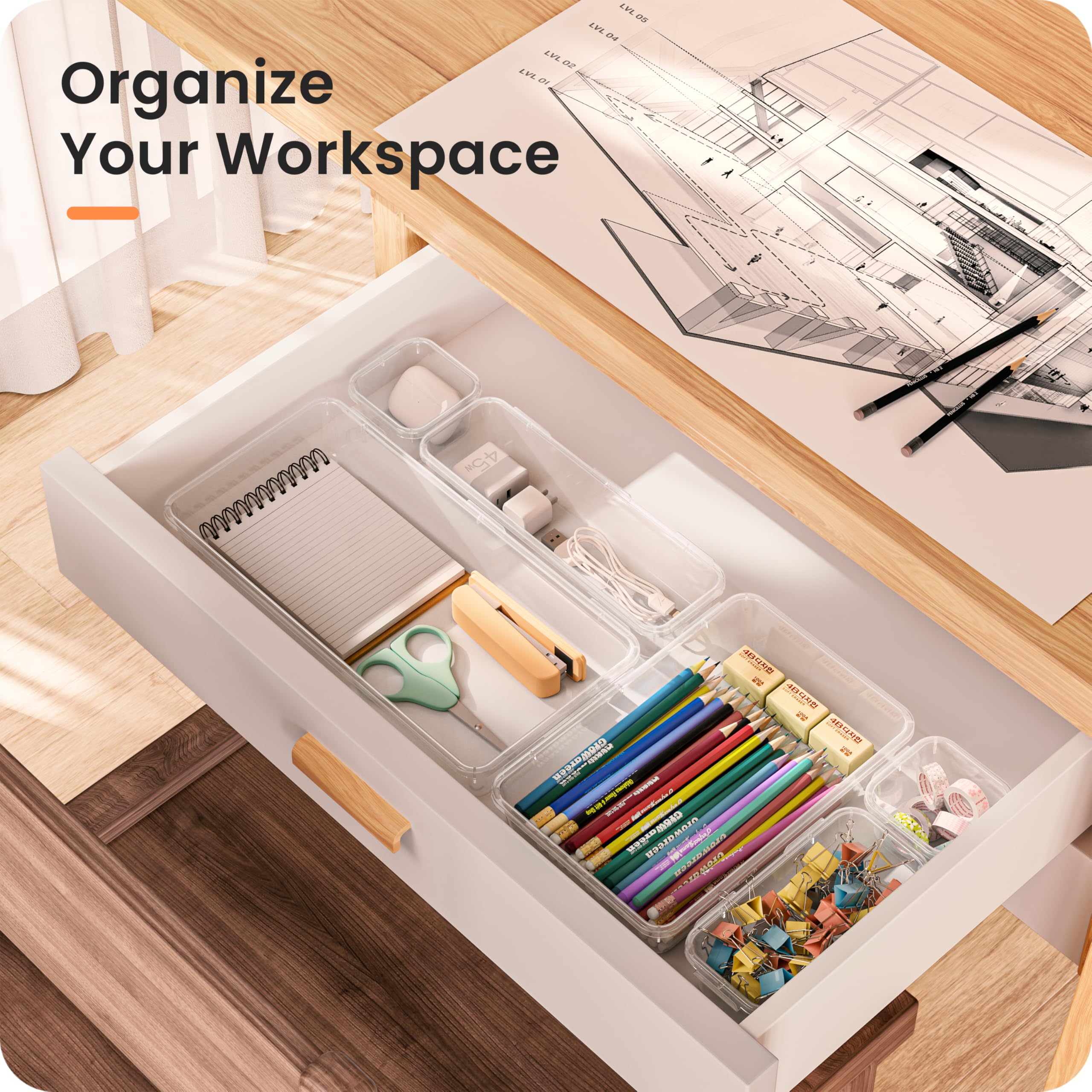Drawer Organizer Set with 5 Sizes, Holds 177 Items for Makeup & Bathroom Storage