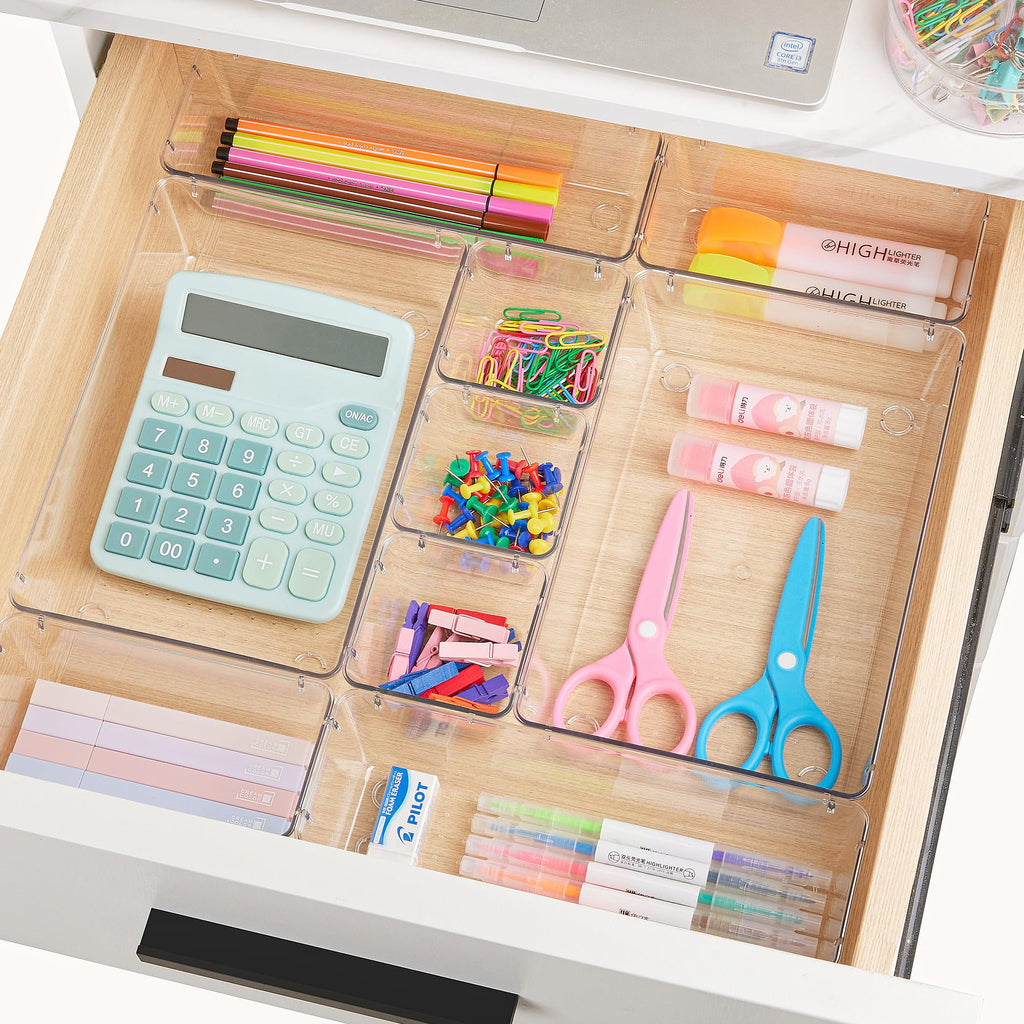 25PCS Clear Drawer Organizers Set, 4 Sizes Storage Trays for Makeup, Kitchen & Office